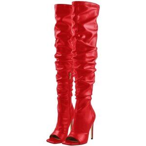Women's Red Synthetic Stiletto Heel Zipper Knee High Toe Pull on Long Boots